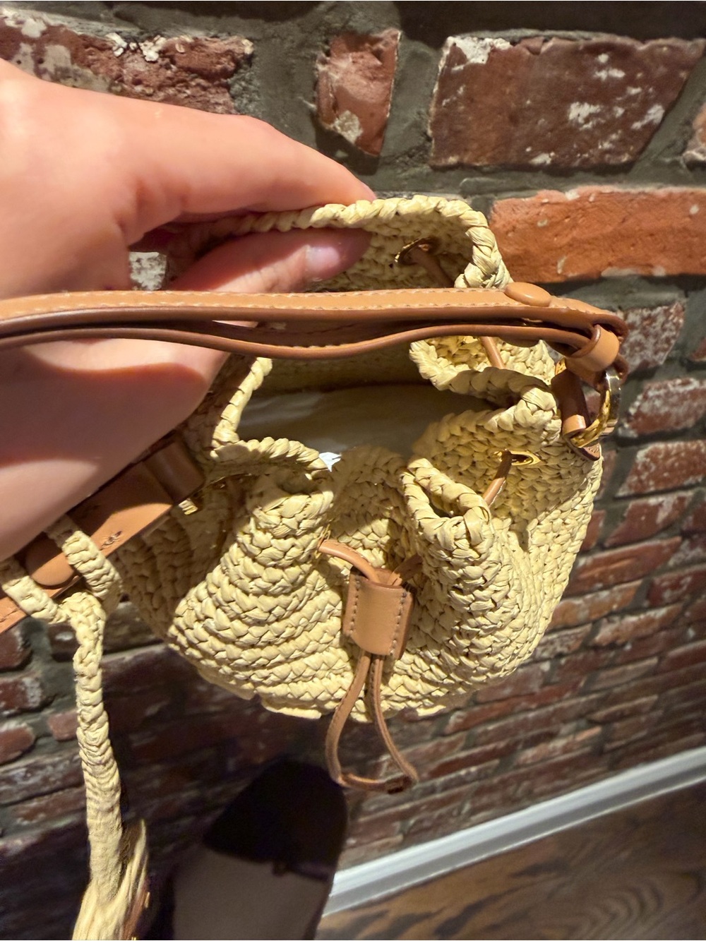 Prada Beige Straw Crochet Bucket Bag with Tan Leather Trim - Picture 4 of 5